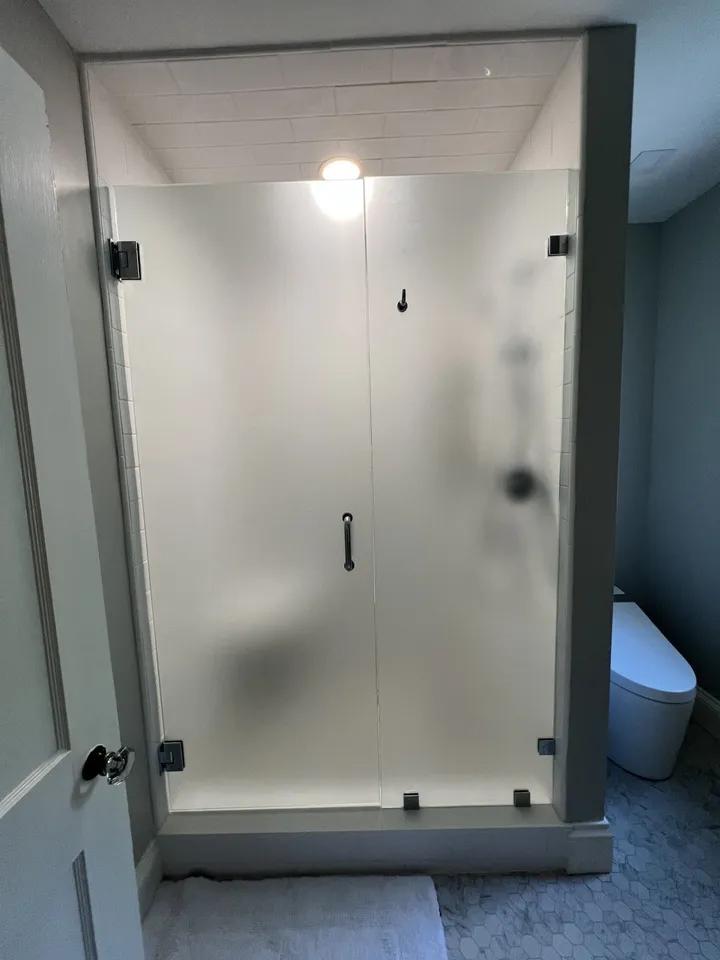 Frosted frameless glass shower door and panel in a bathroom