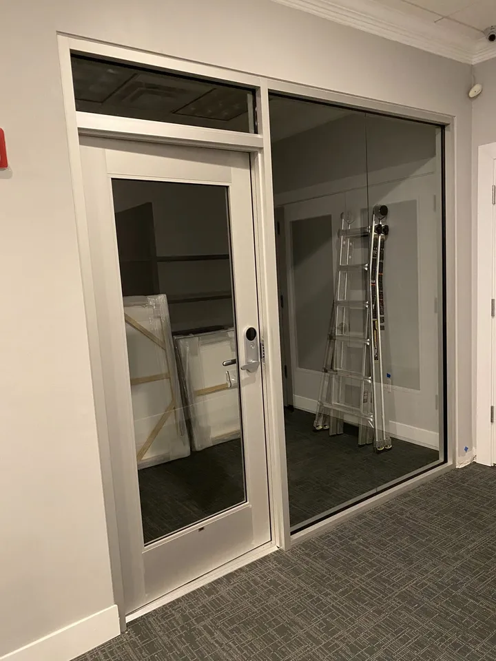 Glass office front at a computer room entrance